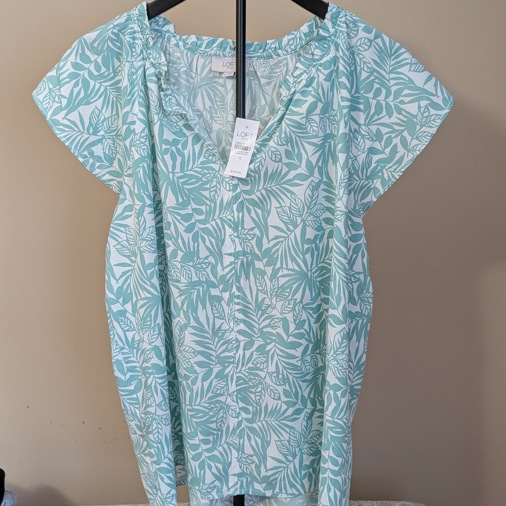 LOFT Outlet Blueish Green Leaf Print Blouse